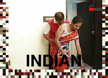 levrette, femme-de-ménage, milf, indien, baisers, cow-girl