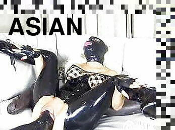 asiatisk, klit, fisting, kæmpestor, fisse-pussy, sprøjte, latex, høje-hæle