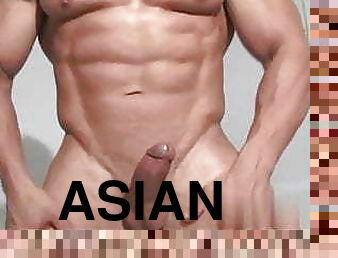 asiatique, masturbation, mamelons, énorme-bite, gay, branlette, massage, musclé, minet