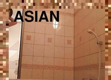 asiático, banhos, peluda, japonesa, câmara, espião, vigia, chuveiro, morena, oculto