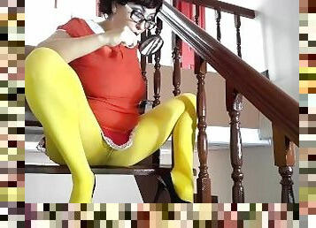 Velma performing in old house at stairway Yellow pantyhose