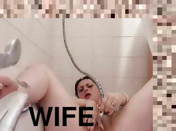 Wife gets freaky with the shower hose! - Shower, Pawg, Dildo, squirt, water play, milf