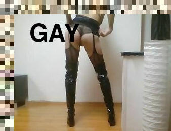 leather crossdresser with knee boots strip tease