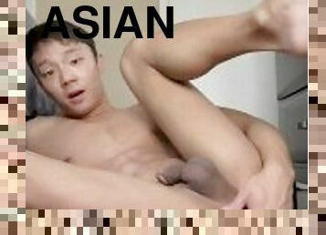 Asian Twink playing with huge toys and hand