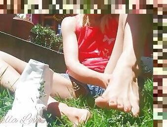 Skinny girl wearing her White Ninja shoes in the garden - Tik Tok Abella Love