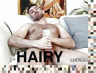 Hot hairy muscled dude solo jerking off and cumshot