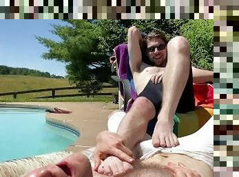 Poolside Play: Rocky Sparks and James Holt Kissing, Frot, Footjob, Spandex, Oral, Handjob, Cumshots