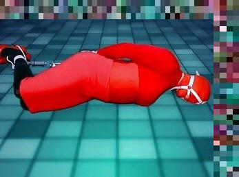 Selfbondage in red on the dance floor with ice lock