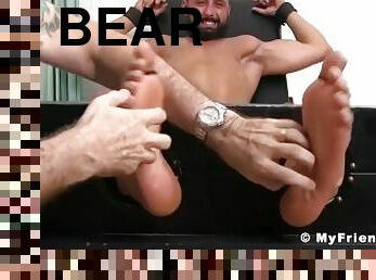 Bound bearded stud endures having his feet and body tickled