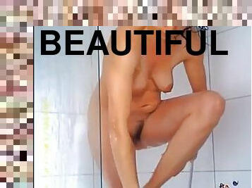 baignade, masturbation, doigtage, belle, douche, solo, brunette