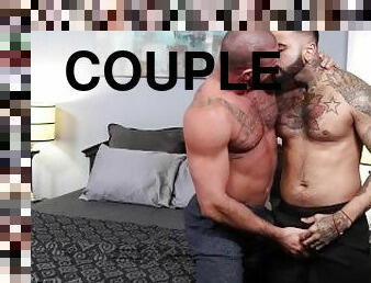 chupanços, pénis-grande, gay, estrela-porno, garganta-funda, casal, beijando, musculado, tatuagem, urso