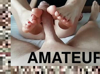 Red toenails footjob cum on feet