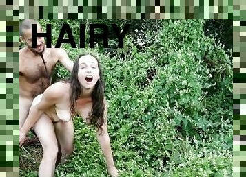 Hairy Nature Slut Gets Fucked Good Outdoors by Hairy Man, Rides His Cock and Squirts So Much on Him