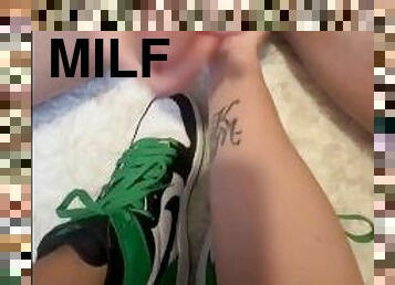 Sneaker wearing MILF massages balls while he cums all over her NIKE Jordan’s