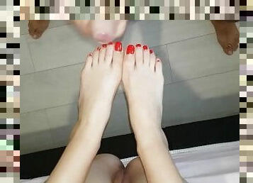 Red nail soles covered with lots of sperm