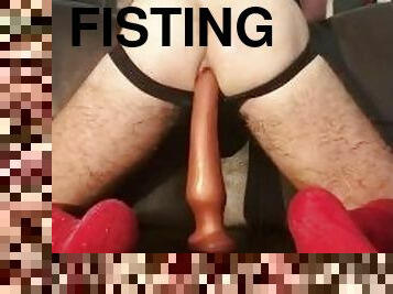 Boy riding huge deep dildo and fisting himself