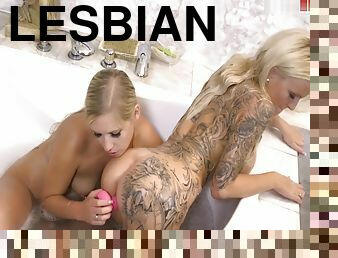 Two Hot Blonde Lesbians Fuck Each Other With A Dildo During Lesbian Sex In Th