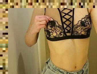 Cutie trying on haul new bras. Perfect slim body and gorgeous small tits