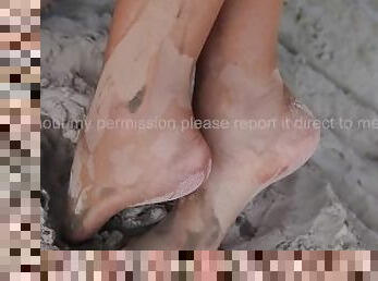 public, amateur, plage, pieds, fétiche, solo, en-nylon, orteils