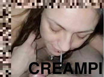 Slowly Licking Cum from his stomach after creampie