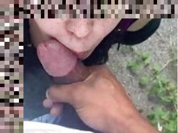 She eats cum outside on the trail