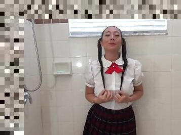 asiático, tetas-grandes, colegiala-schoolgirl, japonés, coletas, tetas, húmedo