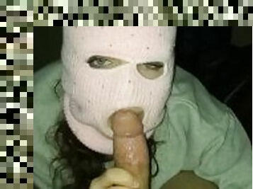 Masked Tinder Slut Slops on Huge Cock