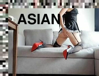 azjatyckie, pokojówka, masturbacja, niewolnicy, spuszczanie, pończochy, sperma, chińskie, kobieca-dominacja