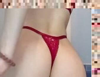 Petite girl in red thong reveal her holes
