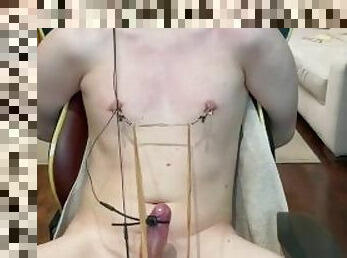 Twink Pup got his cock milked with Electro Stimulation E-stim while Self Bound