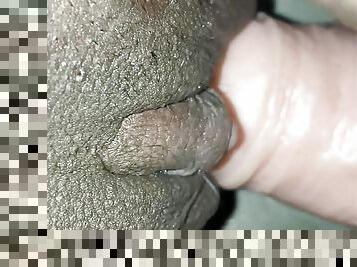 Close up shaved ebony pussy dildo