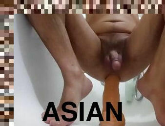 asiático, extremo, fisting, mijando, amador, anal, dildo, sozinho