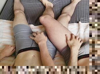 Jerking Off in Bed with My Friend while Sharing the Fleshlight - Big Cumshots