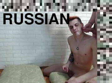 young Russian guys fuck in the ass and cum on each other's faces in a private show