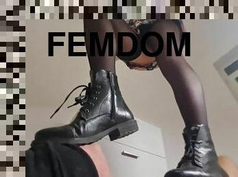 bdsm, escravo, pés, suja, beijando, fetiche, escravidão, amante, botas, domínio-feminino