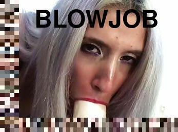 Giant dildo blowjob like a real bitch