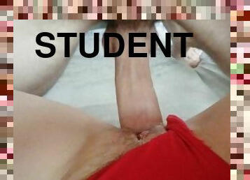 Fucked a young student in a tight pussy, cum on panties, close-up