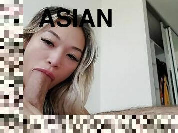 Blonde Asian Sucks Big White Cock + Fills Her Mouth w/Cum
