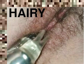 Hairy wife fucks dildo whilst I watch