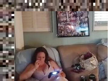 Sexy busty chick in nightgown playing Fortnite