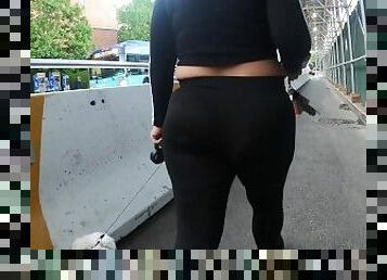 Wife in See Through Black Tights walking the dog