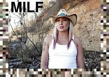 milf, synsvinkel, blond, cowgirl, små-patter