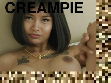 asien, babe, beule-schuss, junge, gießerei, creampie, schlucken, kindermädchen, thai, gesichts