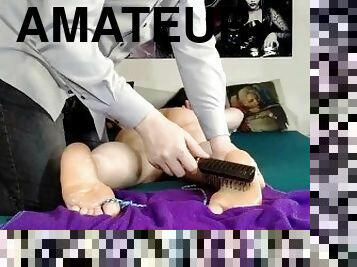 Oiled feet slave girl suffer from hairbrush tickling