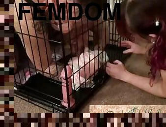 Femdoms humiliate sissy in cage with fuck machine in bondage and chastity teaser