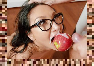 Nerdy beauty swallows like a pro after minutes of getting laid in hardcore