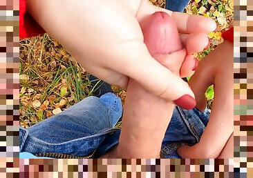 Caught While Finish Me Off! Risky Public Handjob By Cute Teen In Forest