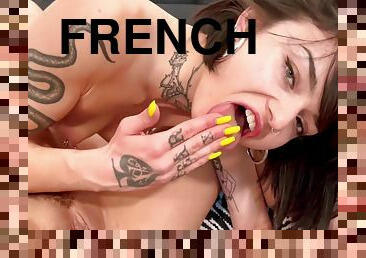 peluda, lésbicas, francês, a-três, duplo, langerie, morena, tatuagem, penetração