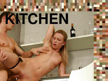 Passionate sex in the kitchen with hot Allison and cum and feet