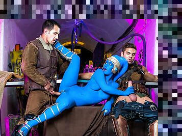 Blue-skinned alien in high heels shagged by two horny stallions